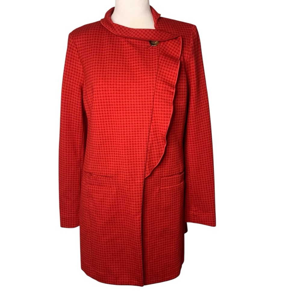 CAbi Women’s Medium Red Houndstooth Celebration Ruffled Jacket Style 3546